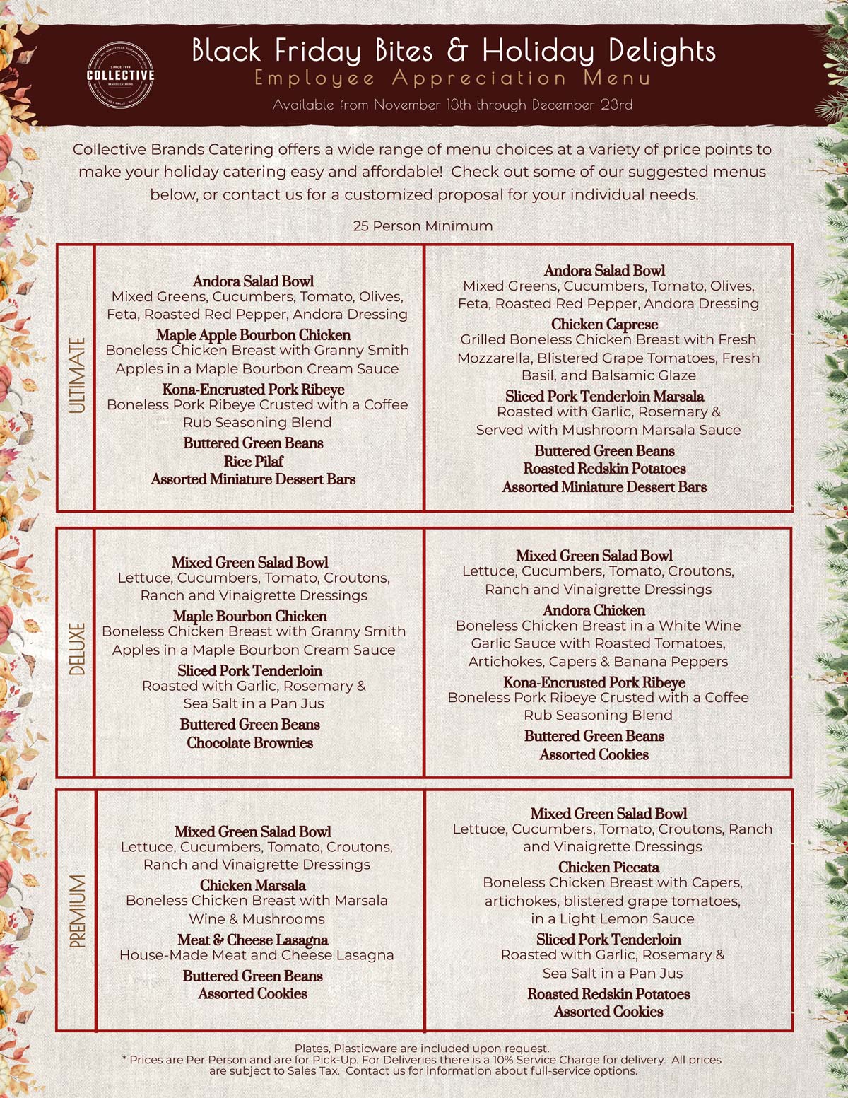 Order now from Collective Brands Black Friday Bites and Holiday Delights page 1 catering menu in Pennsylvania and West Virginia