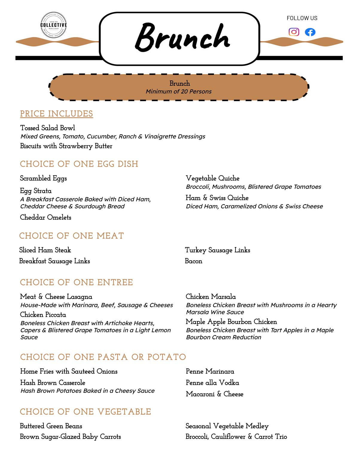 Page 1 of Collective Brands Brunch Catering menu for social events in Pennsylvania and West Virginia