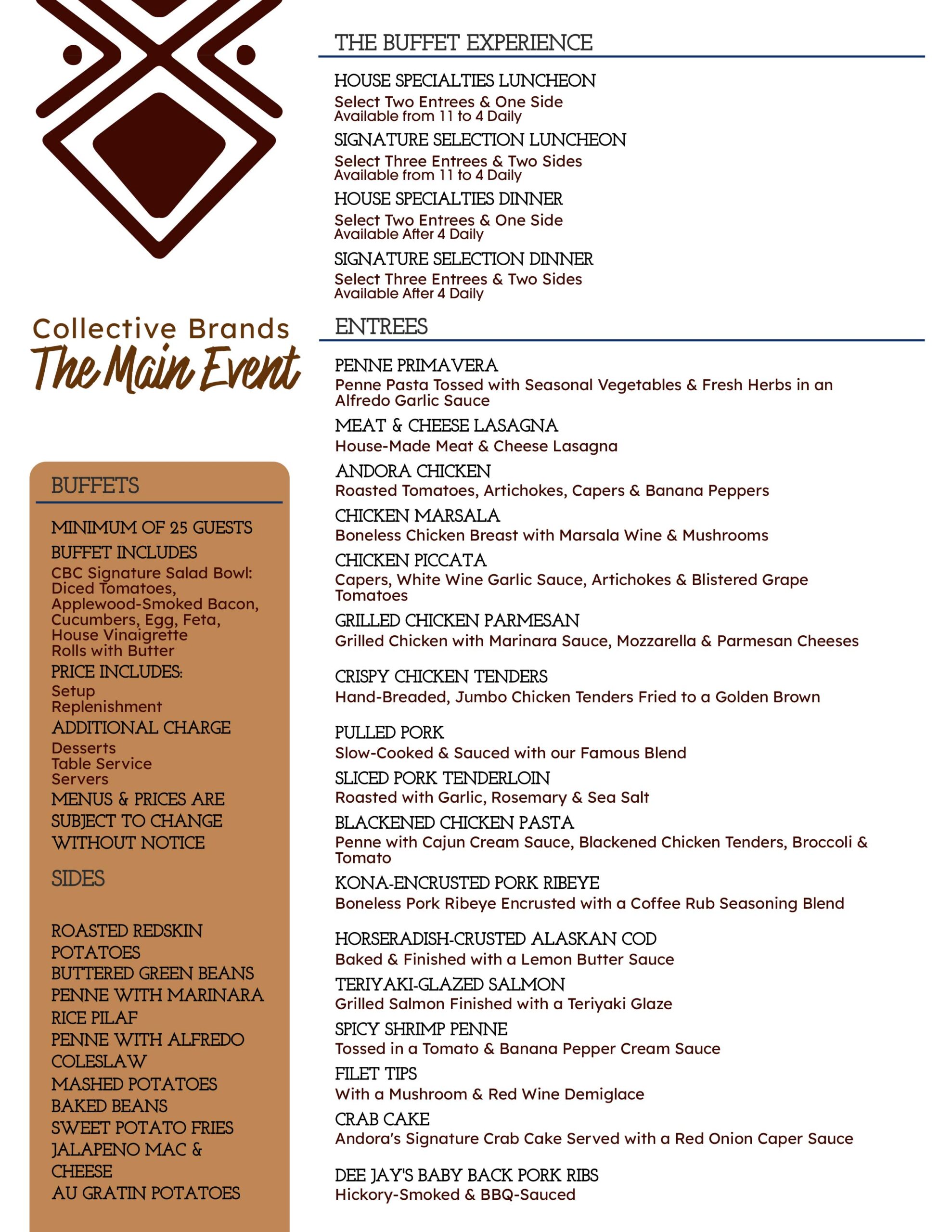 Page 2 of Collective Brands Catering menu for social events in Pennsylvania and West Virginia