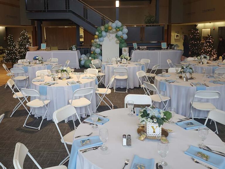 Baby shower table setting at catered party The Atrium at Global View event venue and caterer in Pennsylvania