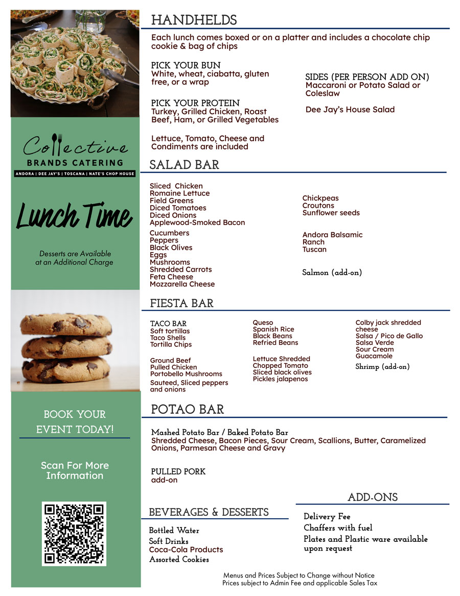 Collective Brands Lunch Catering Menu: lunch options, salad bar, fiesta bar, beverages, and desserts.