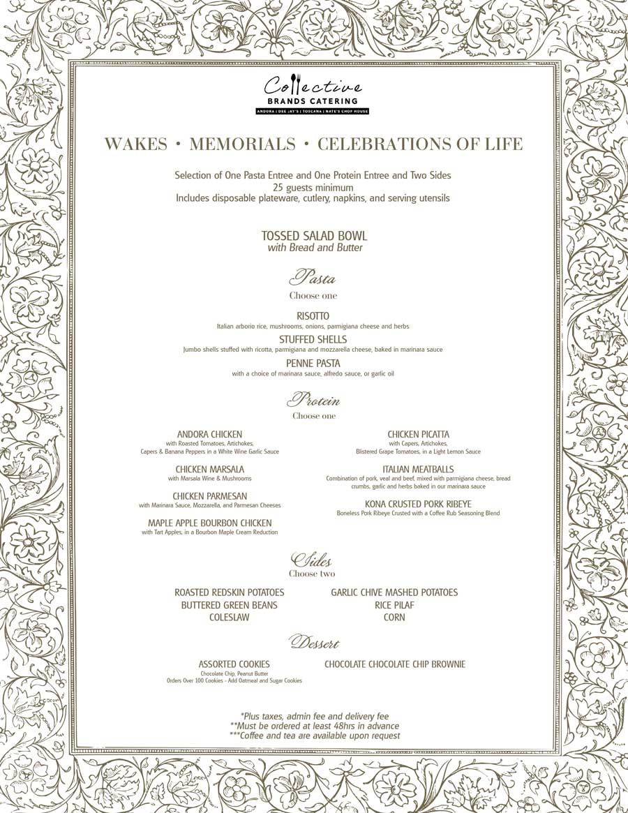 Collective Brands Bereavement Catering Menu with entrees, sides, pasta, salads, and desserts.