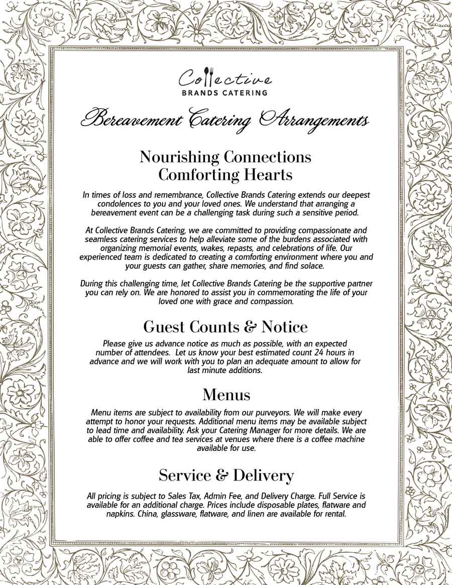 Elegant Collective Brands Bereavement Catering Menu with floral border, Nourishing Connections.