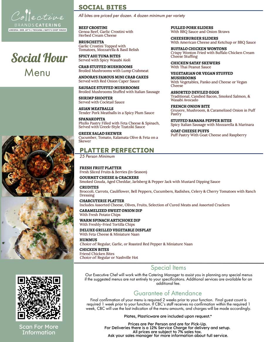Collective Brands Catering Menu featuring appetizers with photos of sliders, shrimp, and skewers.