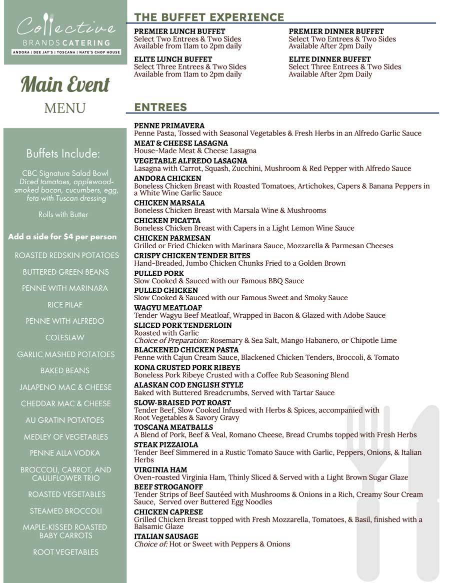 Collective Brands Catering Menu featuring entrees, sides, salads, and pricing on a white-green sheet.