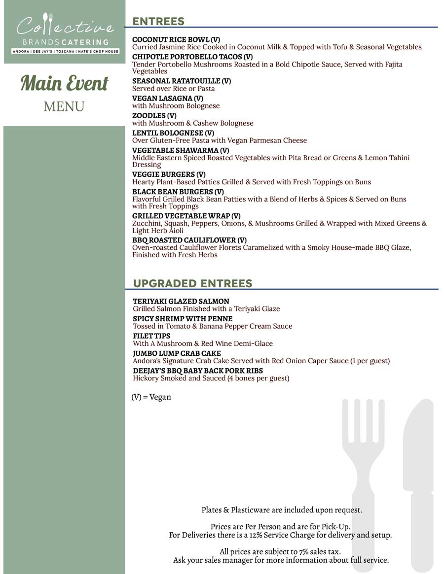 Collective Brands Catering Menu with entrée options: rice bowl, bolognese, burgers, and more.